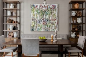 bright art, modern art, wall art, modern chandelier, shelving, etegeres, banquette, dining table, upholstered dining chairs, white pitchers,